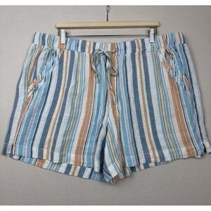 Briggs Women's Striped Linen Blend Shorts Blue Elastic & Tie Waist XXL Preppy
